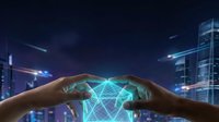 Young adult hands holding glowing digital network sphere with connected lines against night cityscape, representing technology innovation, data connectivity, and future business solutions.