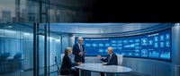 Professional business meeting in modern conference room with digital data visualization screens and futuristic technology interface for corporate presentations.