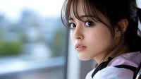 Young East Asian woman with dark hair and bangs wearing a purple hoodie, looking thoughtfully out a window with a blurred urban cityscape background, suitable for lifestyle, emotion, and portrait concepts.