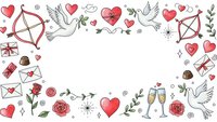 Romantic Valentine frame with hearts, cupid arrows, doves, roses and love symbols on white background. Perfect for wedding invitations, greeting cards.