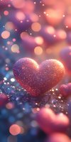 Glittering pink heart shape on dreamy bokeh background with soft focus sparkles and magical light effects in purple and coral tones for romantic design projects.