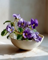 Fresh purple pansies with green leaves in white ceramic bowl on light surface with soft natural window lighting and gentle shadows.