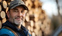 Mature bearded man in baseball cap and blue vest smiling confidently while standing near stacked firewood logs outdoors, representing active lifestyle and manual labor.