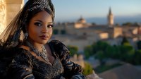 Young African American woman in black lace dress and veil with ornate jewelry poses at sunset against blurred European cityscape background, warm golden light illuminates scene.