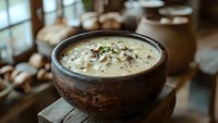 Creamy mushroom soup served in rustic ceramic bowl garnished with fresh herbs and spices on wooden surface, atmospheric restaurant setting with natural light.