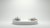 Minimalist white cylindrical podium with colorful geometric spheres and decorative elements for product display and presentation design.