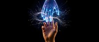 Hand reaching toward glowing AI hologram with digital network connections and data streams on dark background for technology presentations.
