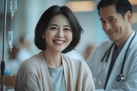 Asian female patient smiling warmly while receiving medical treatment with IV drip as caring doctor stands nearby in modern hospital setting. Positive healthcare experience.