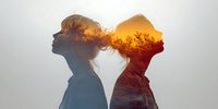 Double exposure silhouettes of woman and man with autumn forest sunset landscape, representing relationship connection and inner harmony.