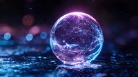 Glowing sphere with network connections emits purple and blue light against dark background with bokeh effects, representing global technology and connectivity.