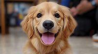 Happy golden retriever puppy with friendly smile and soft fur looking directly at camera, close-up portrait showing expressive eyes and pink tongue.