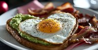 Sunny side up egg on avocado toast with crispy bacon strips on gray plate. Close up view of breakfast with black pepper seasoning and fresh ingredients.