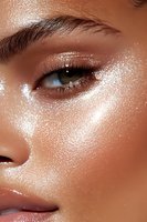 Close-up of a woman's face with glowing, dewy skin and shimmering makeup highlights. Green eye with glitter details and glossy lips create ethereal beauty look.