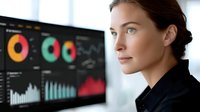 Professional Caucasian businesswoman analyzing colorful data visualization charts and graphs on computer monitor in modern office environment.