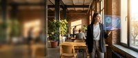 Professional businesswoman using holographic interface technology in modern industrial office workspace with brick walls and natural lighting.