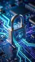 Digital padlock with glowing circuits on motherboard representing cybersecurity data protection and network safety in modern technology systems.