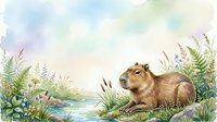 Capybara resting peacefully by tranquil water surrounded by lush green ferns and wildflowers in serene natural wetland habitat for wildlife and nature content.