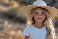 Young Caucasian girl with long blonde hair wearing white t-shirt and wide-brimmed beige hat smiles warmly at camera against soft blurred natural background.