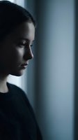 Young Asian woman in profile with dramatic lighting and shadows looking thoughtfully out window in moody indoor setting for emotional storytelling concepts.