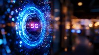 Glowing blue 5G symbol with futuristic circular light effects and bokeh background creates modern technological atmosphere for telecommunications concepts.