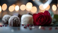 Romantic composition with dark chocolate truffle, white chocolate bonbon and red rose against blurred bokeh lights. Scattered rose petals create intimate mood.