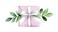 Pink gift box with white satin ribbon and eucalyptus leaves for special occasions, holidays, birthdays, celebrations, and festive decorations.