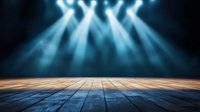 Empty wooden stage with dramatic blue spotlights shining from above, creating atmospheric rays through smoke on dark background. Professional theater and concert lighting setup.