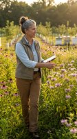 Female botanist examining purple wildflowers in nursery garden during golden hour sunset. Professional horticulturist conducting field research outdoors.