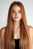 Young woman with natural freckles and long straight copper hair looking directly at camera. Minimal makeup, wearing black top against light gray background.