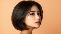 Portrait of young Asian woman with short bob haircut against peach background, showcasing natural makeup and flawless skin for beauty and fashion advertising.