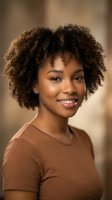 Young African American woman with natural curly hair smiling warmly in brown shirt against soft blurred background for lifestyle and portrait photography.
