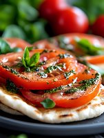 Fresh sliced tomatoes with herbs and basil leaves arranged on grilled flatbread, drizzled with olive oil and seasoned with black pepper and salt.