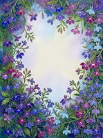 Watercolor floral heart frame with purple, blue and pink wildflowers on light background, copy space for text or greeting card design.