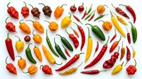 Colorful assortment of fresh hot chili peppers in various shapes and sizes arranged on white background. Spicy cooking ingredients for culinary recipes.
