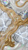 Abstract liquid gold and silver metallic flows with holographic rainbow reflections on marble texture background for luxury design projects.