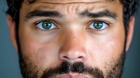 Close-up portrait of young man with striking blue eyes, dark beard and textured skin against dark background. Emotional expression conveys intensity.