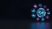 Digital technology network with glowing neon icons on dark background for business presentations and tech concepts.