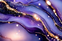 Luxurious purple and gold abstract waves with glitter effect and bokeh lights create magical flowing pattern on dark background for elegant design projects.