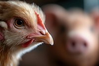 Close up portrait of brown chicken head with pig in soft focus background, showing farm animal diversity and coexistence in agricultural setting.