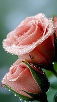 Fresh coral pink roses with morning dew drops on delicate petals against soft green background, creating romantic and serene natural macro photography.