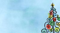 Decorative watercolor Christmas tree with colorful swirls and ornaments on light blue background, perfect for holiday greeting cards and festive designs.