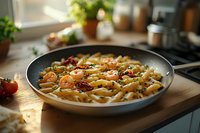 Fresh shrimp fettuccine pasta in creamy sauce with sun-dried tomatoes and herbs on non-stick pan, natural kitchen lighting creates appetizing mood.