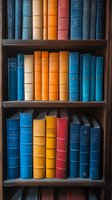 Vintage hardcover books arranged on wooden shelves in blue, orange and red colors creating aesthetic library composition. Classic literature collection background.