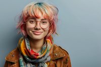 Young Asian woman with pink hair and round glasses smiling warmly at camera, wearing colorful scarf and brown leather jacket against gray background.