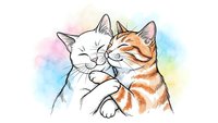 Two adorable cats embracing in loving hug with watercolor rainbow background, friendship and affection concept for pet lovers and animal themed designs.