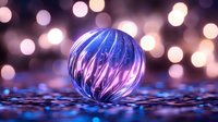 Glass sphere with purple and blue reflections on glittery surface against bokeh lights background for luxury decoration and artistic photography projects.