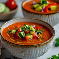 Fresh gazpacho soup with cucumber, tomato, and herbs in rustic ceramic bowls, garnished with colorful vegetable chunks for summer dining.