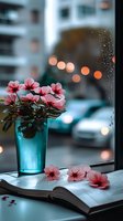 Pink flowers in turquoise glass vase on open book by rainy window with bokeh city lights in background, creating cozy atmospheric evening mood.
