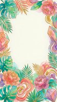 Watercolor tropical floral frame with gold outlines, monstera leaves, peonies, and crystals on a light background with copy space.