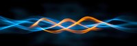 Glowing orange and blue light waves intertwining on dark background create dynamic flowing energy effect for technology and science designs.